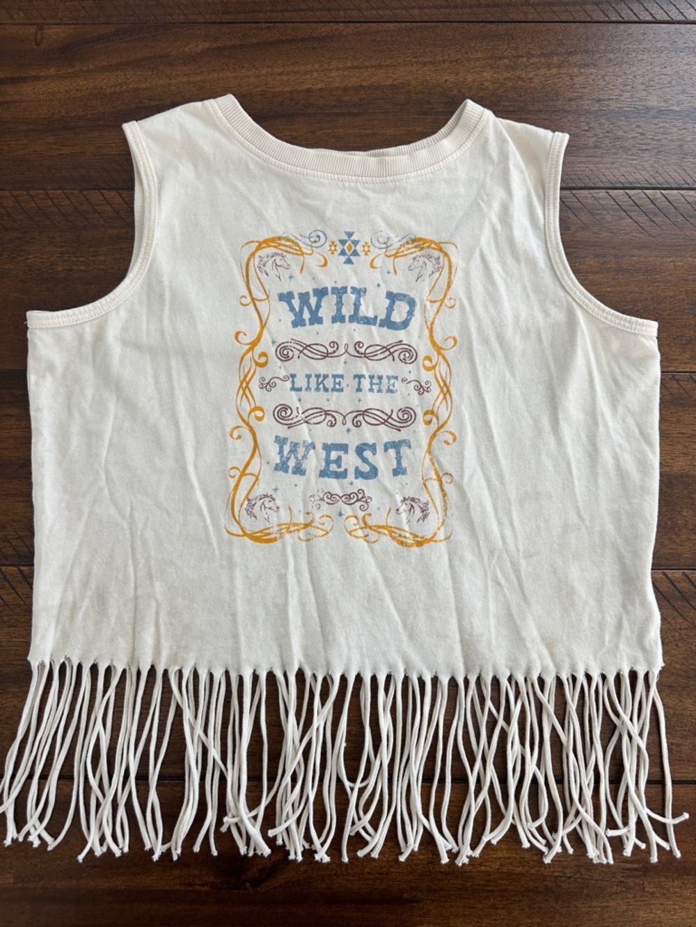 Shyanne Cream Fringe Tank Top with Blue and Gold Graphic